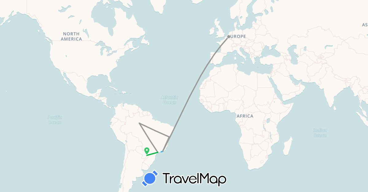 TravelMap itinerary: driving, bus, plane, boat in Belgium, Brazil (Europe, South America)